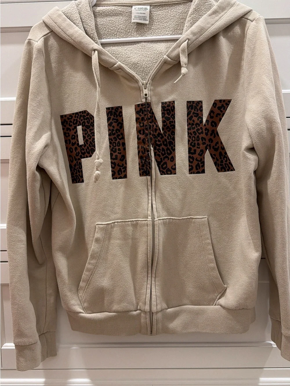 PINK Victoria's Secret Youth Zip-Up Hoodie in Beige with Leopard Print Logo